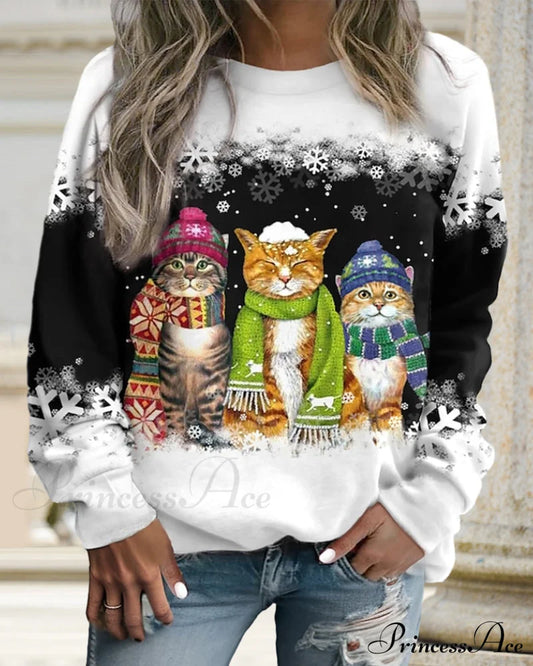 Round Neck With Cat Sweatshirt Print Sweatshirts & Hoodies-L