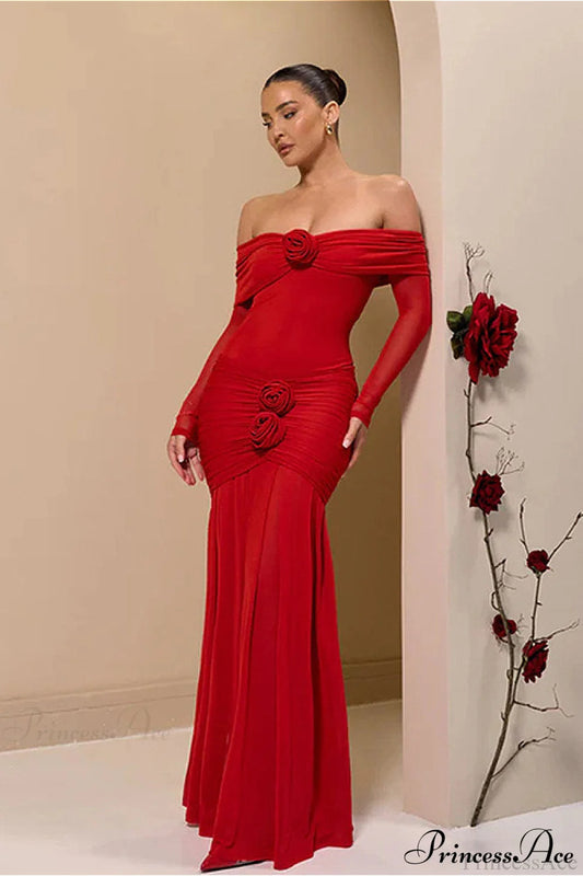 Ruched Off Shoulder Floral Bodycon Maxi Dress Red / S