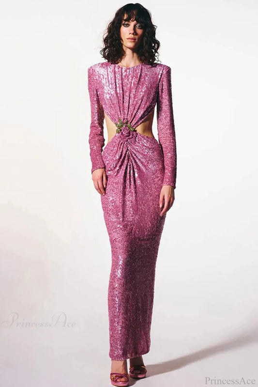 Ruched Sequin Waist Cutout Prom Dress pink / XS promdress-250223