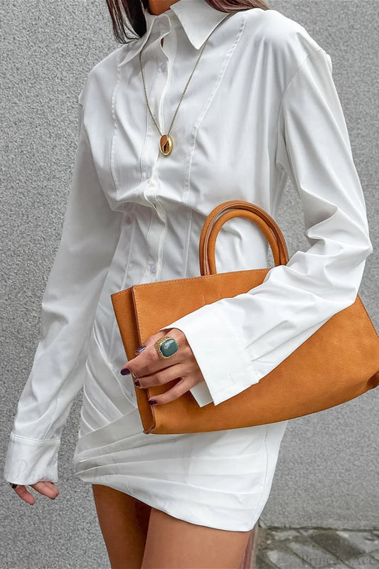 Ruched Slim Fitted Waist Casual Mini Dress White / S