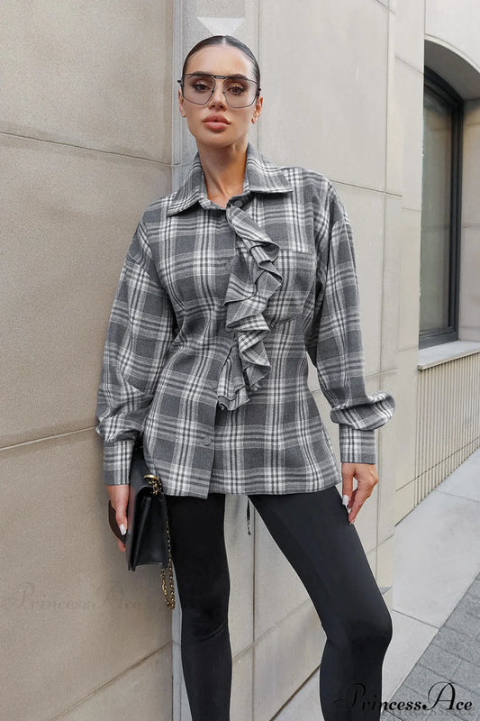 Ruffled Collared Loose Blouse Grey / S