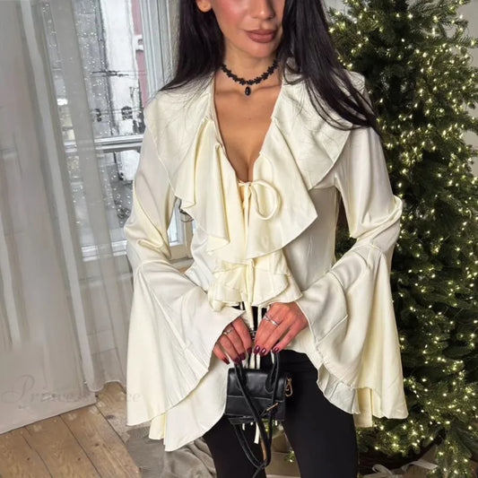 Ruffled Lace-Up V-neck Casual Long Sleeve Blouse WHITE / S blouse-250126