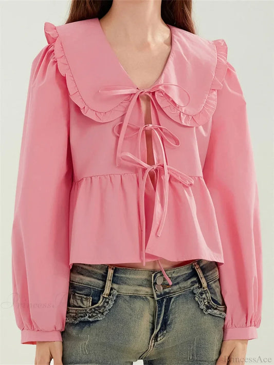 Ruffled Turn-Down Neck Tie-Up Blouse pink / S blouse-250223