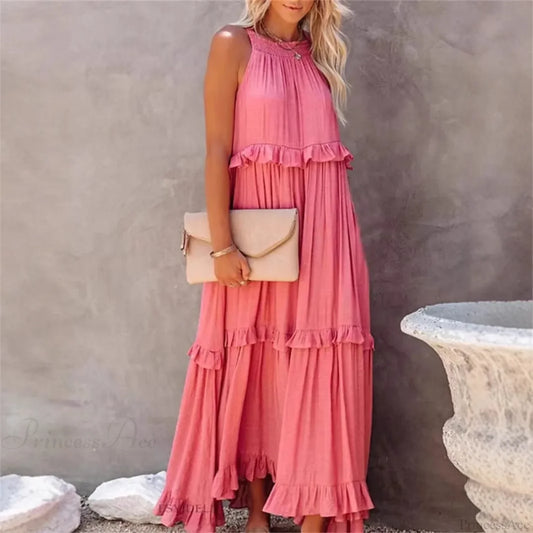 Ruffles Sexy Split Halter Sleeveless Big Hem Maxi Boho Dress bohodress-250126
