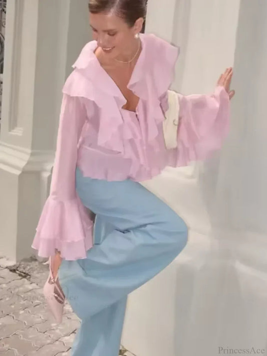 Ruffles V Neck Pink Chiffon Blouse blouse-250223