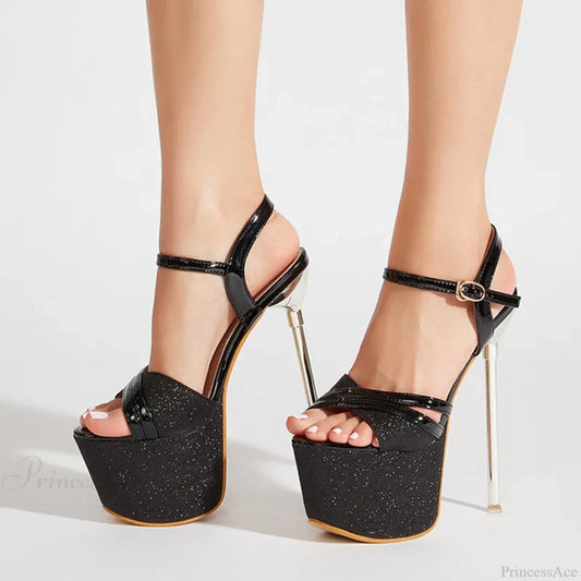 Runway Style Sequined Peep Toe Super High Heel Black / 35