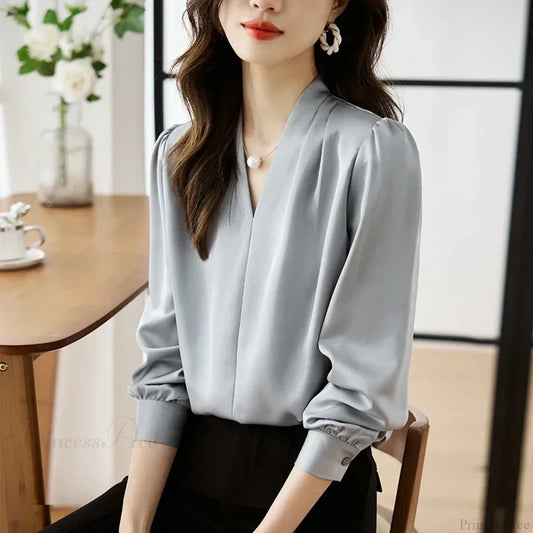 Satin Chiffon V-neck Soft Casual Blouse for Office blouse-250126