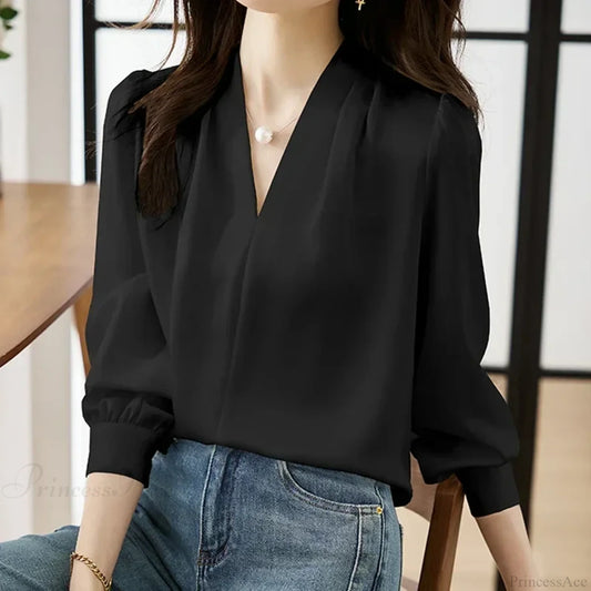 Satin Chiffon V-neck Soft Casual Blouse for Office blouse-250126