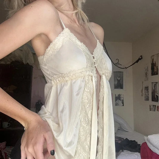 Satin Lace Patchwork Fairycore Front Tie-Up Button Coquette Sleeveless Crop Top croptop-250126