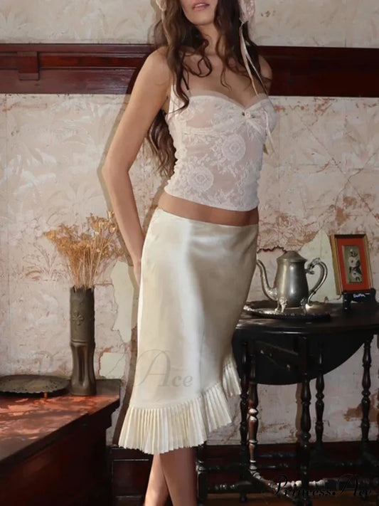 Satin Pleated Stylish Trim Midi Skirt Skirts