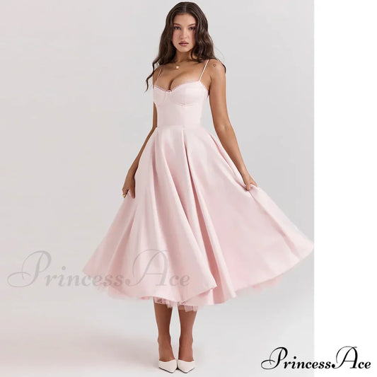 Satin Tulle Flare Charming Strap Cupped Midi Dress