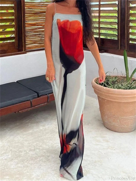 See-Through Abstract Floral Spaghetti Strap Loose Beach Holiday Dress floraldress-250126