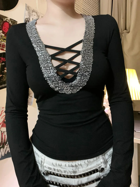 Sequin V-neck Knit Top