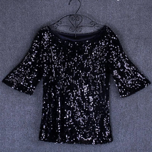 Sequined Embroidered Half Sleeve Oversized Shirt Black / S