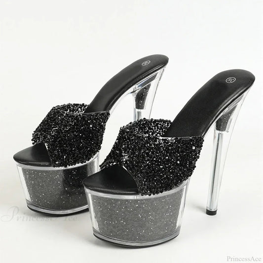 Sexy 20Cm Platform Sequined Transparent Summer Open-Toe Slippers High Heel Black / 34