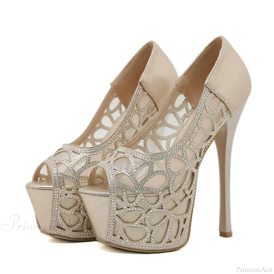 Sexy Crystal Rhinestone Platform Peep-Toe Stripper Party Banquet Ladies Elegant High Heel Golden /