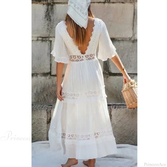 Sexy Deep V-neck Backless Cotton Lace Dress bohodress-250126