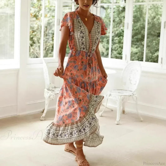 Sexy High Split Flare Sleeve Rayon Cotton Boho Dress red / S bohodress-250126