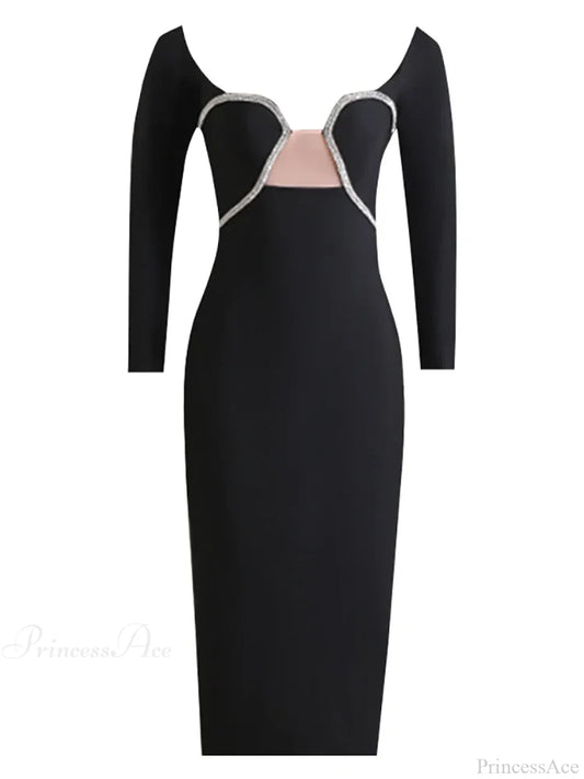 Sexy Off Shoulder Long Sleeve Diamonds Bandage Black Mesh Christmas Party Dress / Xs Dresses-L