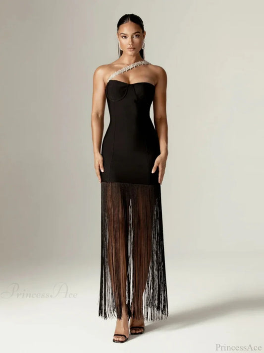 Sexy One Shoulder Diamonds Strap Tassel Bandage Dress Shiny Rhinestone Christmas Party Dresses-L