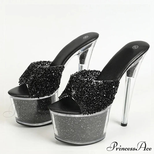 Sexy Peep Toe Party Club Strip Pole Dance Shoes Extreme High Heels 17Cm Women Slipper Sequined