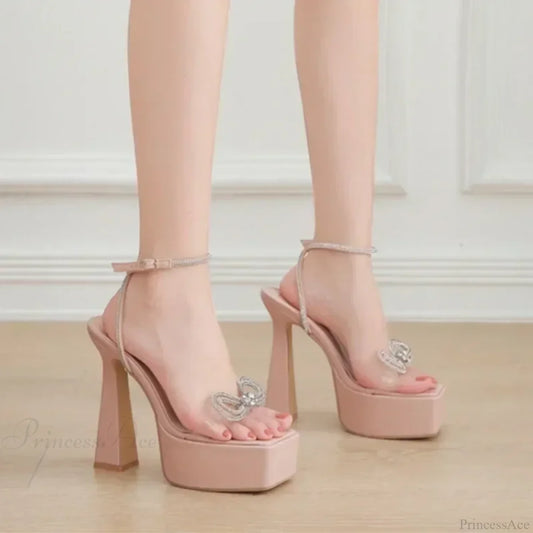 Sexy Peep Toe Platform Square Headbuckle Strap Rhinestone Butterfly-Knot 16Cm High Heels Summer