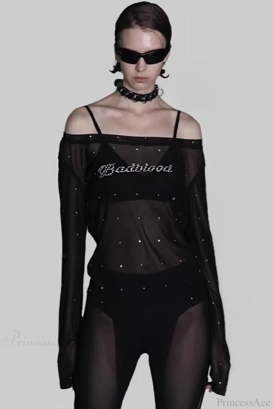 Sexy Rhinestone Embellished Off-the-Shoulder Tulle Blouse Black / XS