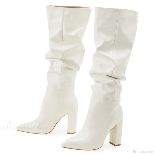 Sexy Street Designer Pointed Fashion Patent Leather Chunky High Heel Knee High Boot White / 35