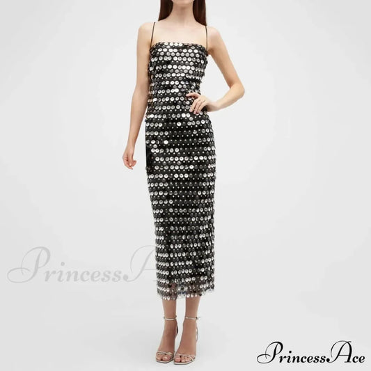Sexy Suspender Slim Sequin Sleeveless Sling Cocktail Evening Gown Chic Lady Elegant Sequins