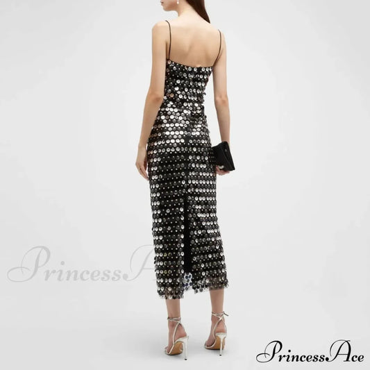 Sexy Suspender Slim Sequin Sleeveless Sling Cocktail Evening Gown Chic Lady Elegant Sequins
