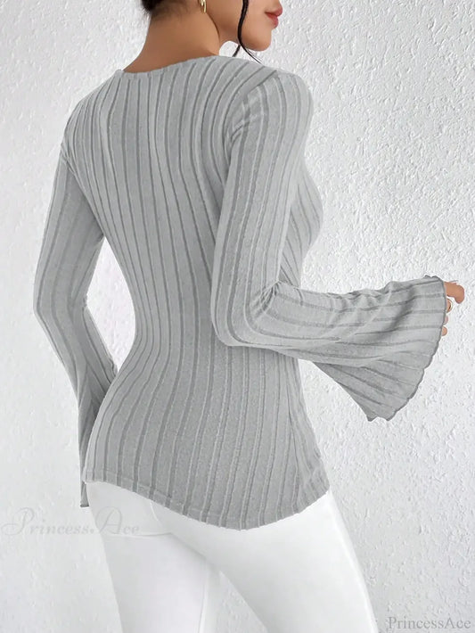 Sexy V-Neck Solid Color Slim Long Sleeve T-shirt Women knittop-250126