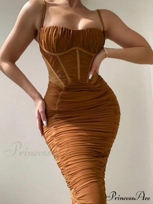 Sexy Warm-Season Strap Elegant Spaghetti Evening Woman Mesh Stretchy Party Gown Ruched Bodycon Long