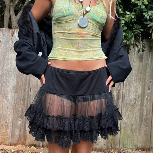 Sheer Ruffle Tiered Lace Skirt