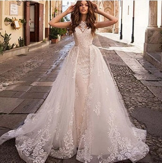 Sheer Tulle Mermaid Bridal Wedding Dress lvory white / 2 weddingdress-250223