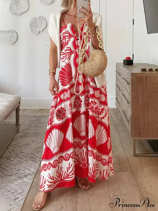 Shell Unique Print Front Graceful Lace-Up Loose Maxi Dress Red / S Dresses