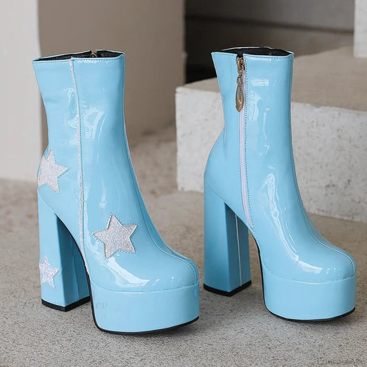 Shiny Leather Sparkle Elevated Gothic Zipper Brief Boot SKY BLUE / 34