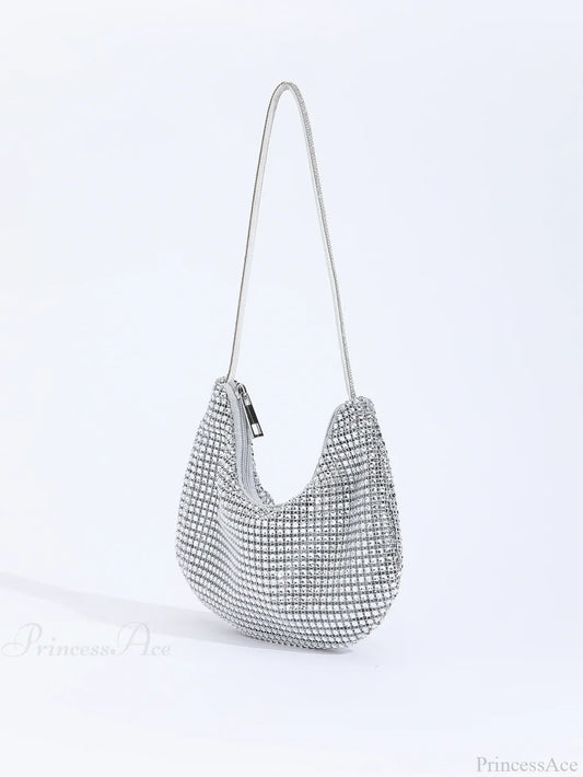 Shiny Rhinestone Zippered Solid Evening Clutch Bag Silver clutchbag-250126