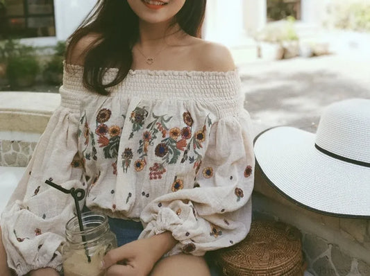 Short Floral Embroidery Off-Shoulder Boho Crop Blouse