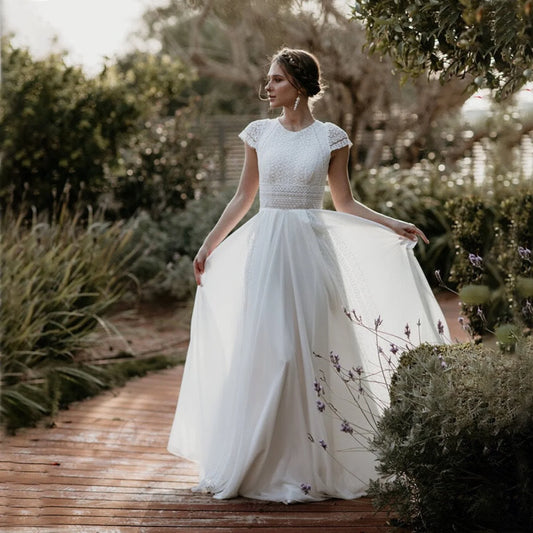 Short Sleeve A-Line Chiffon Wedding Dress white / 2 weddingdress-250223