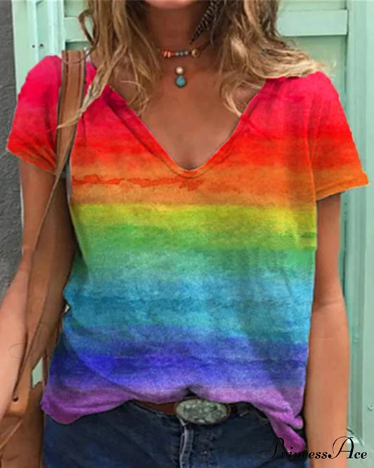 Casual v-neck rainbow print short-sleeved t-shirt Red 23BF clothes Short Sleeve Tops Summer T-shirts Tops/Blouses
