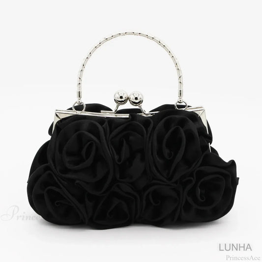 Silk Rose Flower Frame Dinner Clutch Bag Black clutchbag-250126