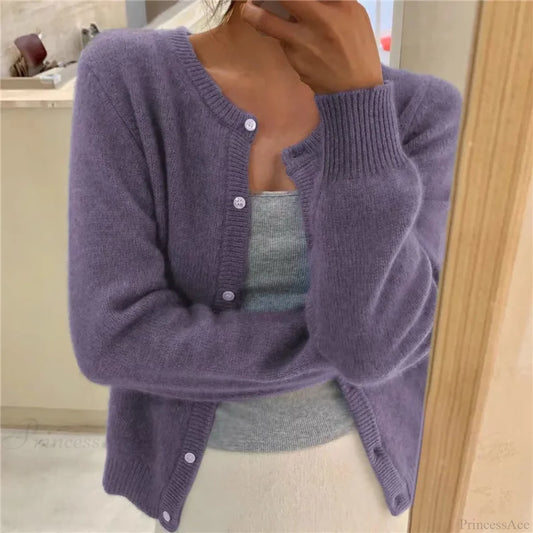 Single Breasted Solid Round Neck Knitted Cardigan cardiagn-250126