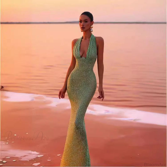 Sleeveless Halter Deep V Sequin Prom Dress promdress-250223