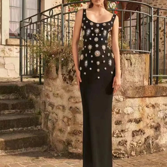 Sleeveless Square Neck Beaded Slit Long Prom Dress black / S promdress-250223