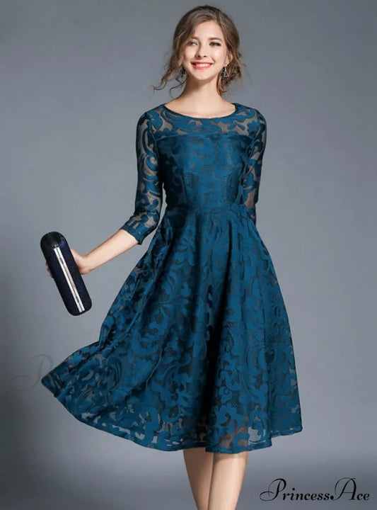 Slim Ladies Party Dress Casual Lace Dresses S / Blue