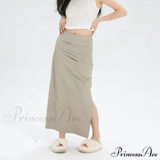 Slit Pleated Solid Long Skirt Vintage Korean Casual Apricot / S
