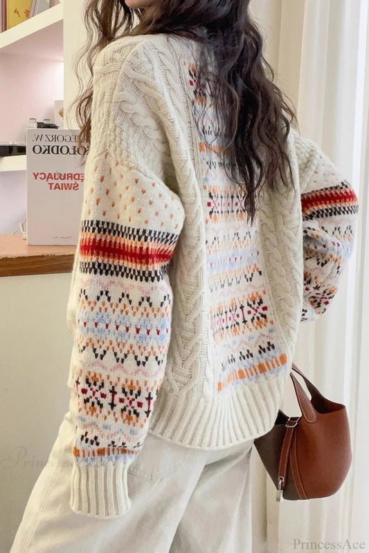 Slouchy Crew Neck Striped Colorful Sweater White / One size