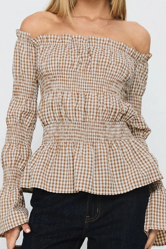 Smocked Plaid Off-the-Shoulder Flared Long Sleeve Blouse
