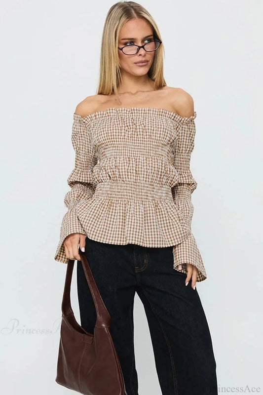 Smocked Plaid Off-the-Shoulder Flared Long Sleeve Blouse Khaki / S