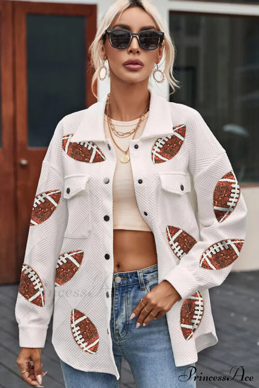 Sequin Football Patch Collared Neck Snap Button Jacket White clothes Jacket Jackets & Coats long sleeve shirts long sleeve top Ship From Overseas SYNZ